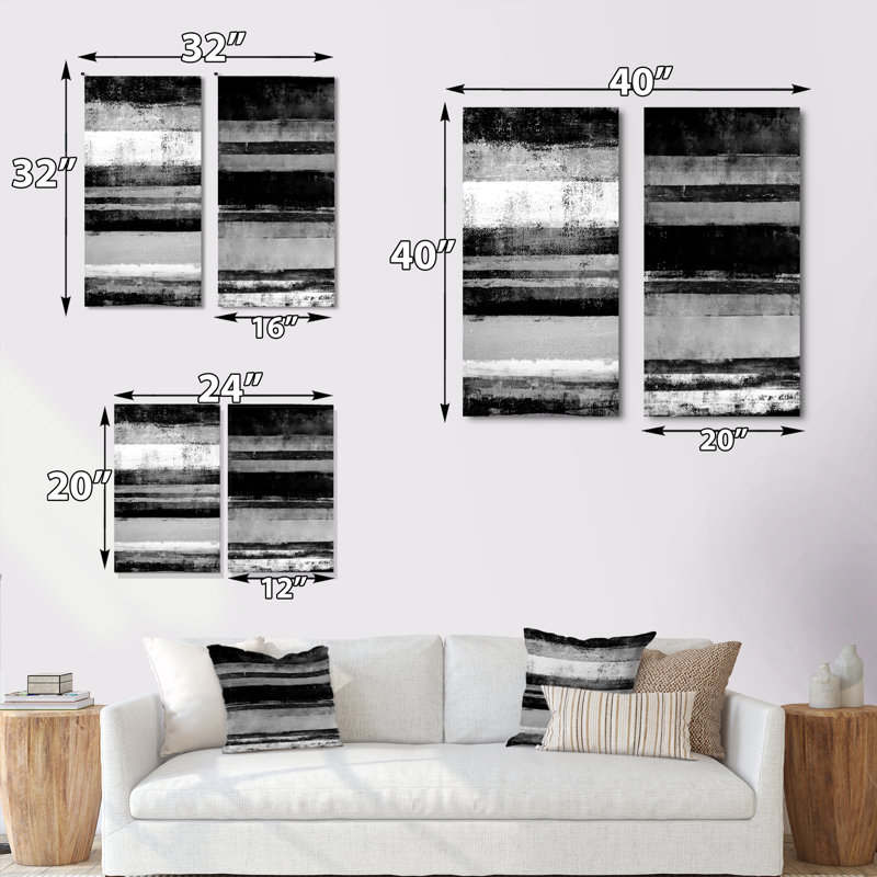 Ensemble de 2 peintures sur toiles - bandes abstraites noires et blanches, Toile tendue, H 40 po x l 40 po x P 1 po