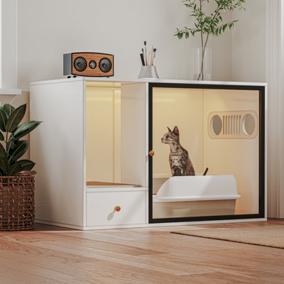Large/tall Litter Box Enclosure For Large Cats, Indoor Wood Cat Litter Box Cabinet With Glass Door And Light, Modern Pet House Cat Washroom Furniture  With Storage, White End Table For Home