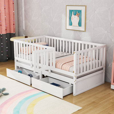Wood Daybed With Fence Guardrails And Storage Drawers