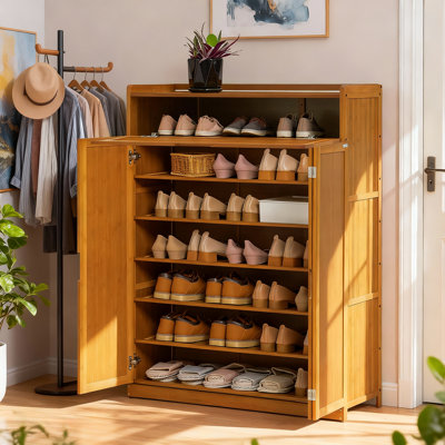 8 Tier Bamboo Shoe Cabinet Organizer with Folding Door, 35 Pairs Shoes Closed Shoe Rack for Hallway