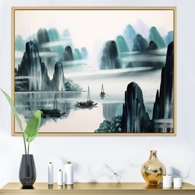 Paysage abstrait d'eau chinois dans des tons de bleu - peinture sur toile