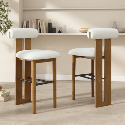 Ensemble de 2 tabourets de bar d'intérieur revêtus de bois, finition noyer et revêtement blanc