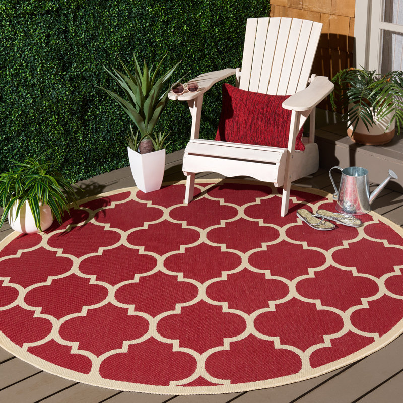 Tapis d'intérieur / extérieur à motif géométrique rouge / beige Arneshia, Rond 6 pi 7 po