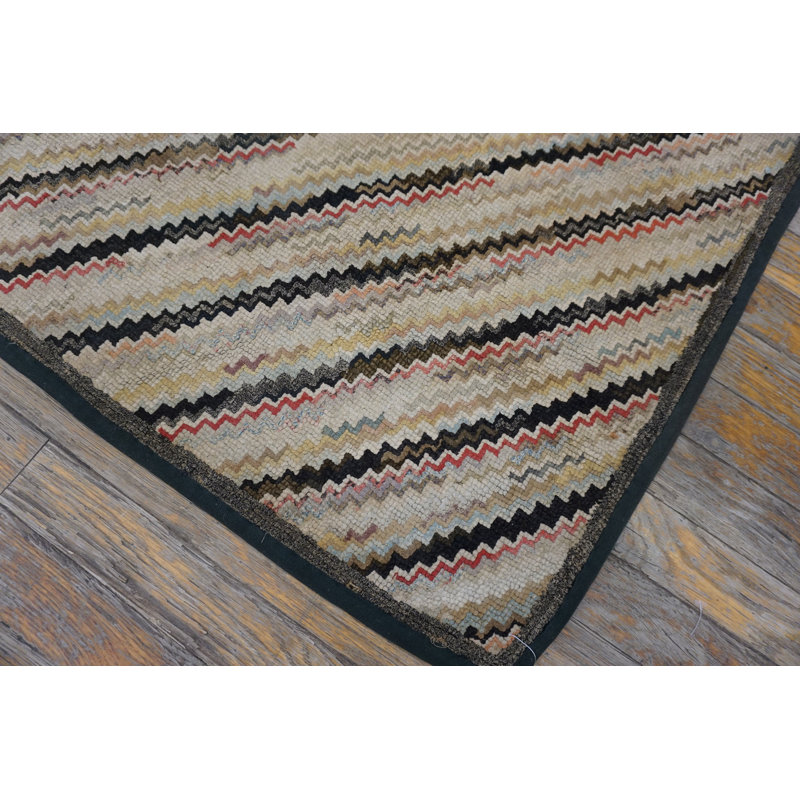 Cream Antique American Folk Art Diagonal Chevron Stripes Small Hooked Rug