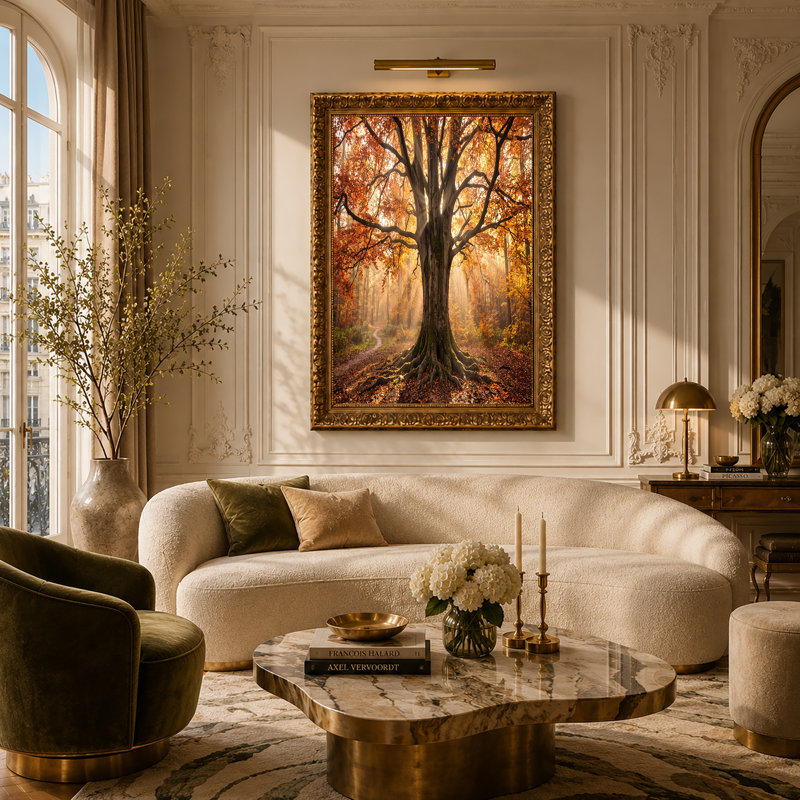 «Tree with Exposed Roots in Golden Autumn Forest», art mural, H 24 po x l 36 po