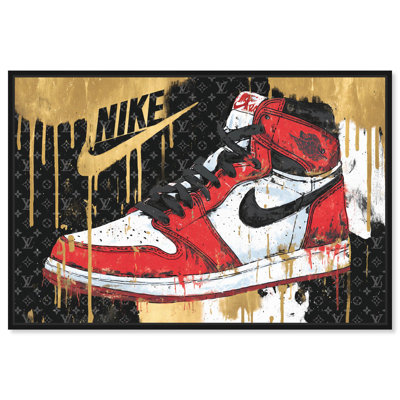 Golden Drips Stylish Sneakers Canvas Print Sneaker Wall Art by Art Remedy, Black Frame, 24 x 16