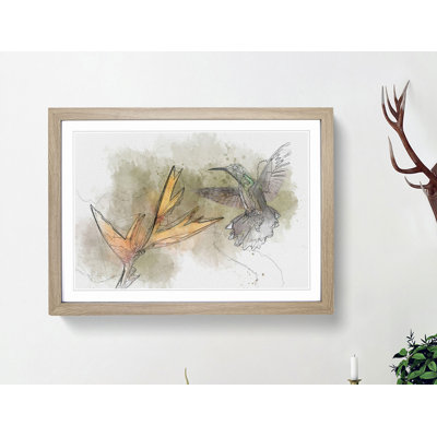 Hummingbird by a Flower in Abstract - Framed Print