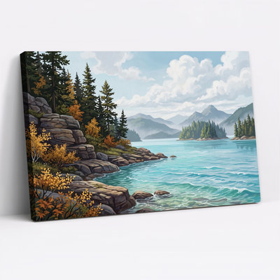 Tableau sur toile représentant un lac de montagne avec une rive rocheuse et des arbres d'automne
