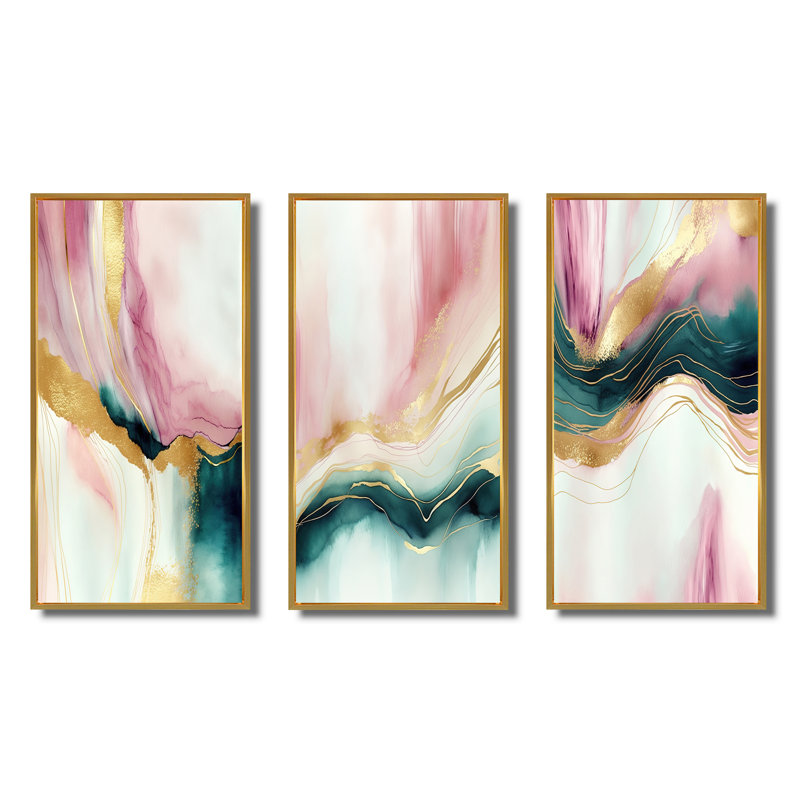 Ensemble d'art sur toile 3 pièces - Géode abstraite rose et marbre vert, Or, H 20 po x l 36 po