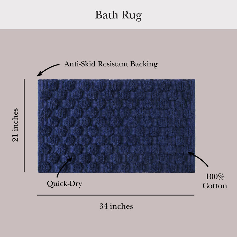 kate spade new york Dotted Woven Bath Rug, 21 in x 34 in, 100% Cotton Quick Dry French Navy Bath Mat, Navy, 34" L x 21" W