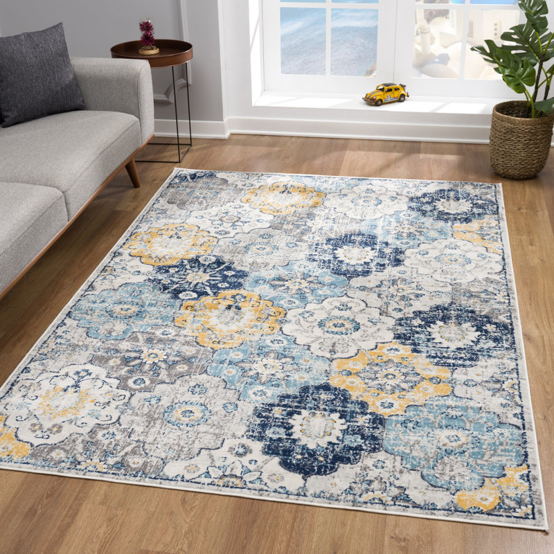Kymiere Abstract Area Rug in Blue/Mustard Yellow, Rectangle 3'9" x 5'6"