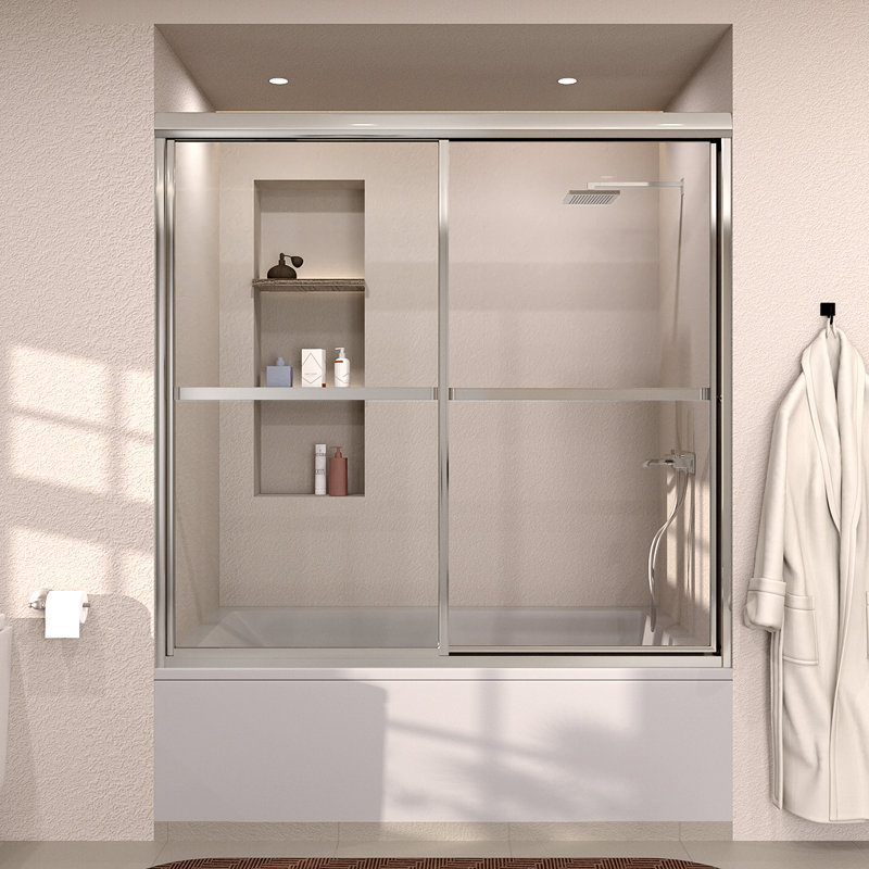 Vetra 59 In. W X 56 In. H Sliding Framed Tub Door in Silver With Clear Glass, Silver