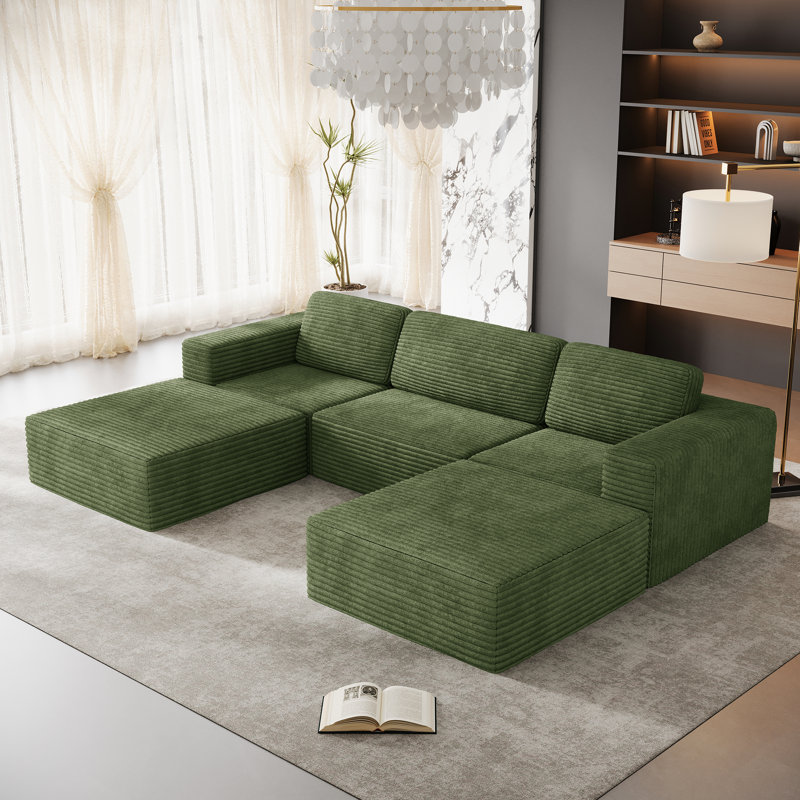 Modular Corduroy 303cm 3-seater Sofa With 2 Ottomans, No Assembly Required, With High Rebound Sponge, Green