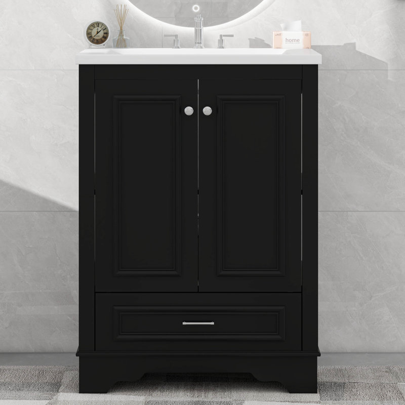 Meuble-lavabo autoportant avec tablettes réglables Modern, Noir, Argent argent