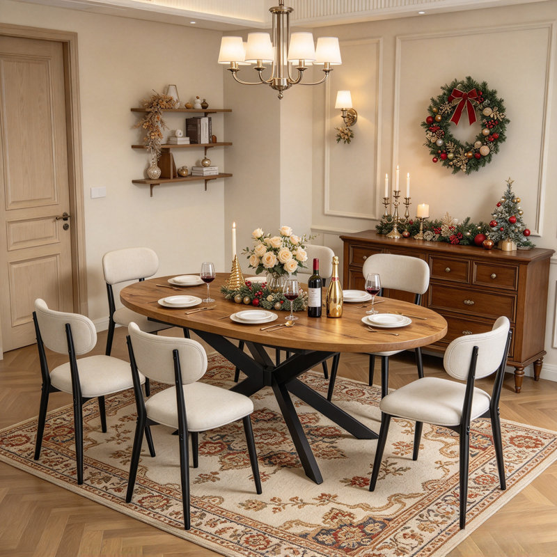 Ensemble de table de salle à manger ronde extensible de 63,1" à 78,8" (160 à 200 cm), table de cuisine ovale 7 pièces avec 6 chaises de salle à manger rembourrées