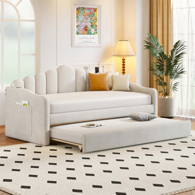 Lit de jour simple rembourré en velours avec couchette et chargement USB, sans sommier tapissier, peu encombrant et élégant