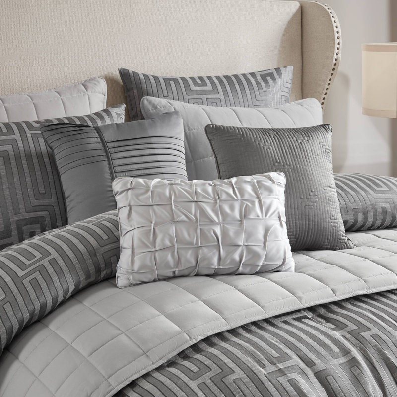 Royce Luxury Jacquard 10 Piece Comforter Set, Gray, Queen Comforter + 9 Additional Pieces