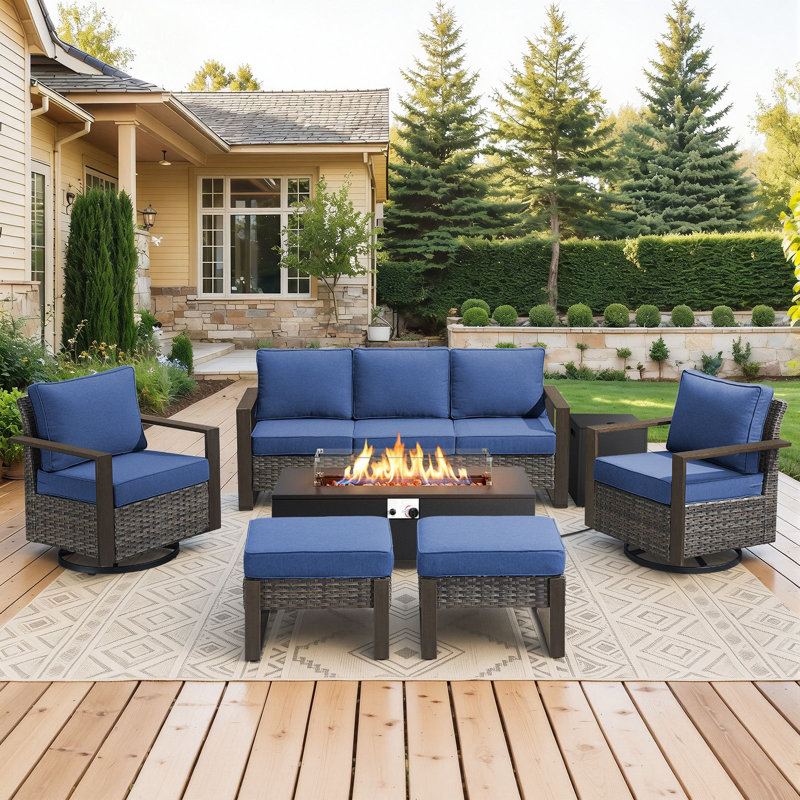 Drazen 7 - Person Patio Furniture Set With Fire Pit Table, All-Weather Wicker Outdoor Conversation Set With Chair And Thick Cushions