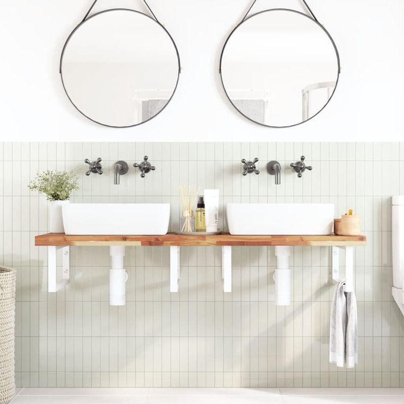  Basin Shelf Wall Mounted Steel And Solid Wood Acacia, Walnut, 4cm H x 160cm W x 50cm D