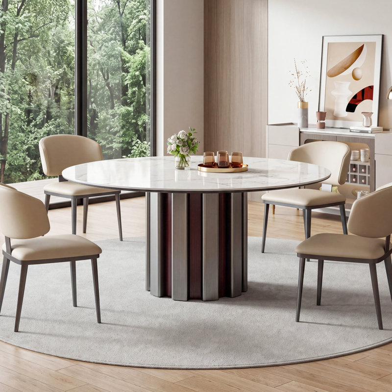 Table de salle à manger ronde de 150 cm (59 po) en pierre frittée blanche avec pied central, pouvant accueillir de 8 à 10 personnes