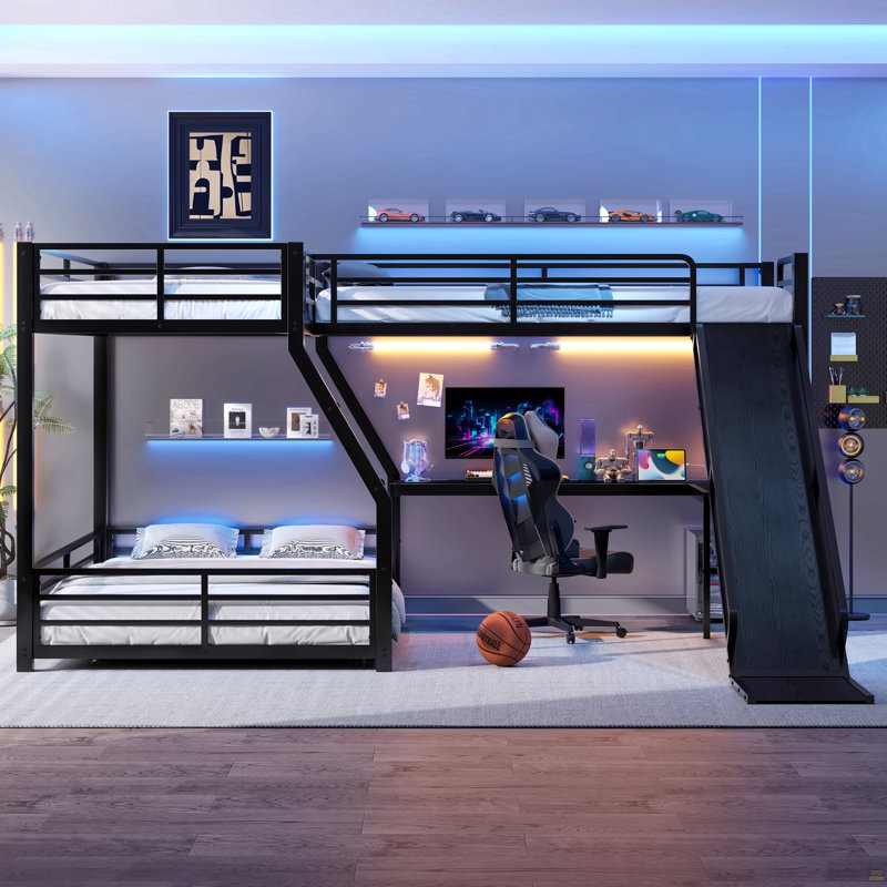 L-Shaped Twin Over Full Bunk Bed With Twin Size Loft Bed, Metal Triple Bunk Bed With Slide And USB Ports, Twin Over Full