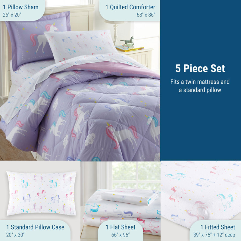 Wildkin 5-Piece Twin Bedding Set – 100% Cotton Comforter, Sheets & Pillowcase for Cozy Cuddles - Unicorn , Twin Comforter
