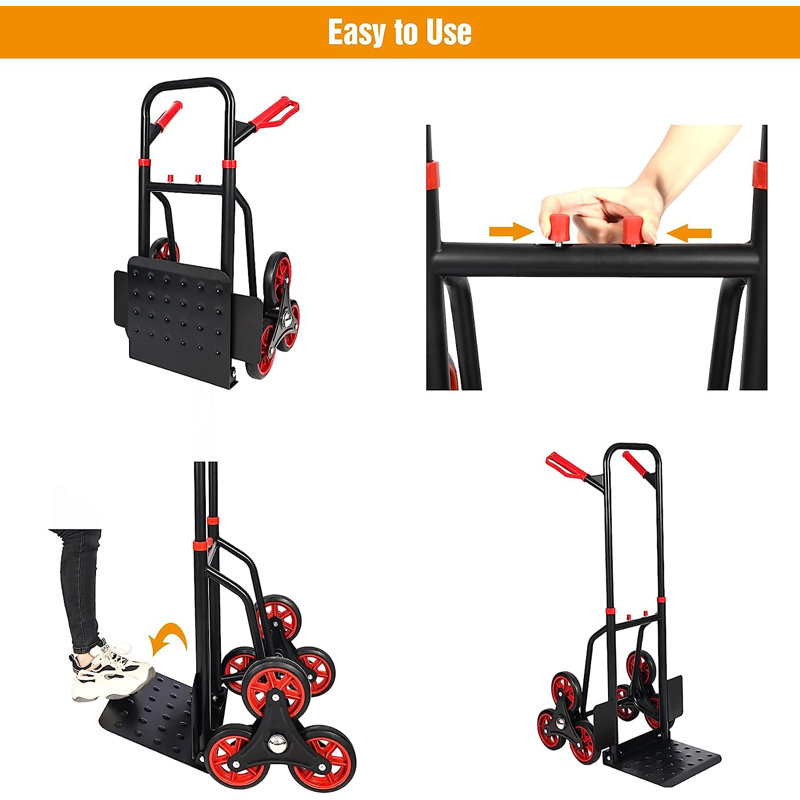 Chariot d'escalade polyvalent avec poignée télescopique, chariot pliant robuste à 6 roues pour la maison et l'épicerie, capacité de 300 lb, rouge