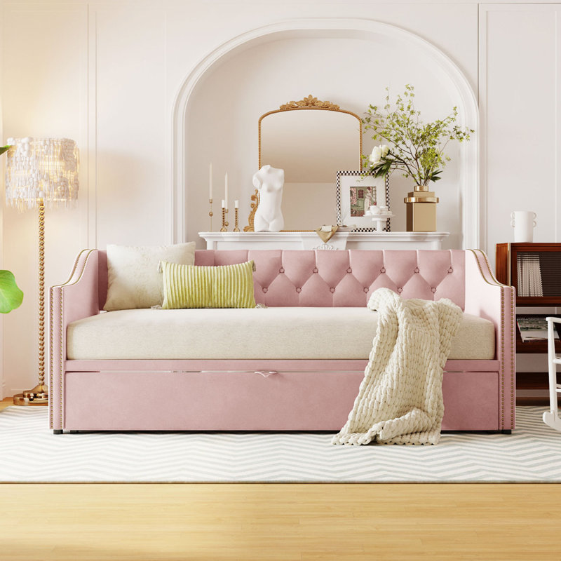 Lit de jour simple tapissier avec couchette escamotable, rose