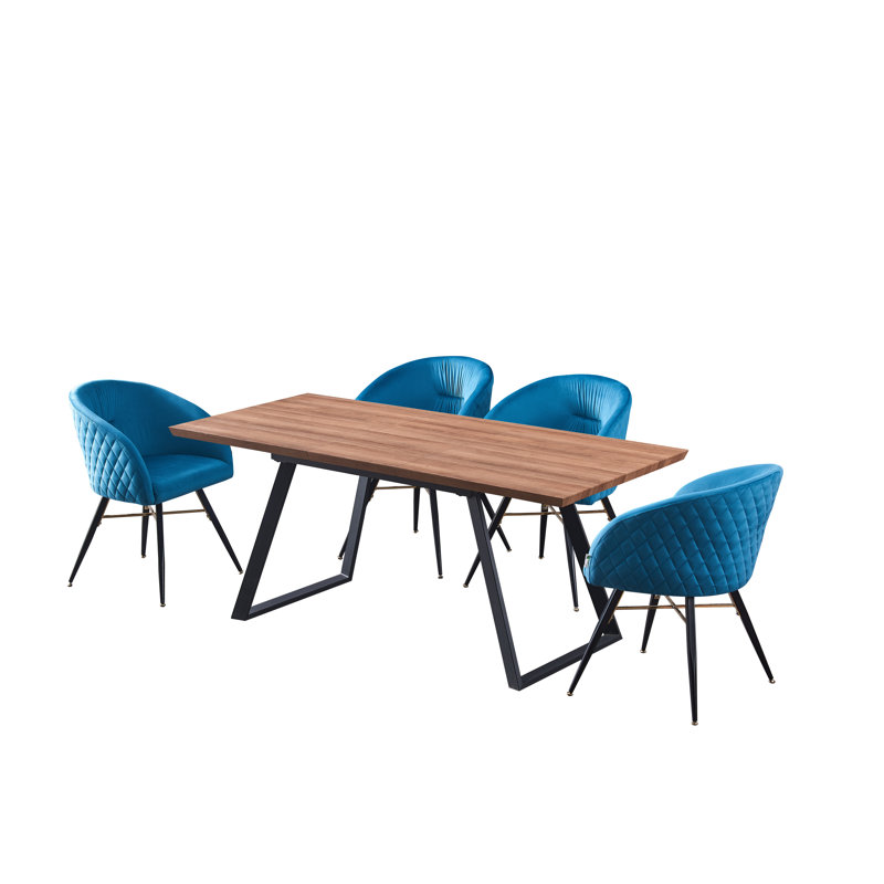 Goddard 4 Person Dining set - a Rectangular Extendable Dining Table with Metal Legs and a Set of 4 Quilted Velvet Dining Chairs for Dining Room - Modern Dining Table Set
