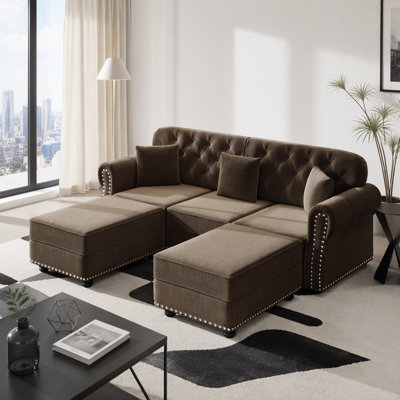 Canapé Mid-Century moderne en velours avec garniture cloutée, accoudoirs roulés et 3 coussins, brun