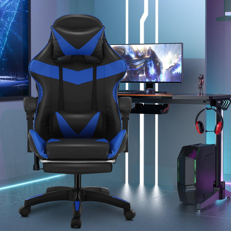 Inbox Zero Adjustable Reclining Ergonomic Swiveling PC & Racing Game Chair, Black/Blue