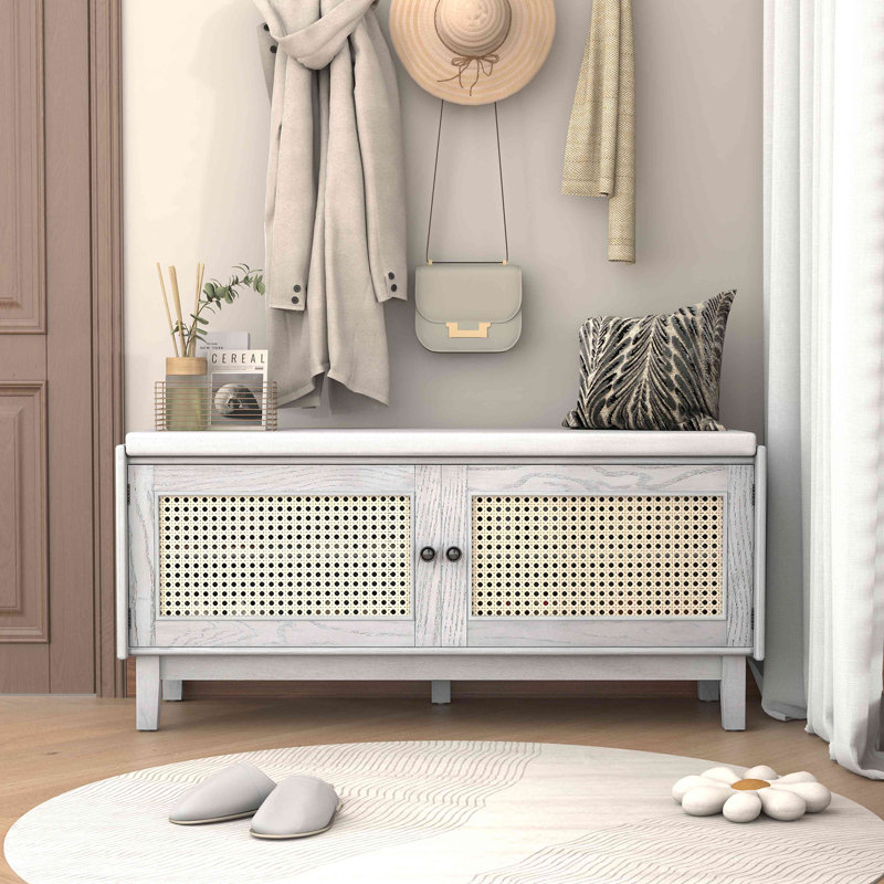 Rattan Entryway Bench With Storage, Cushioned Shoe Bench With Double Doors, Wooden Shoe Organizer Bench For Entryway And Hallway