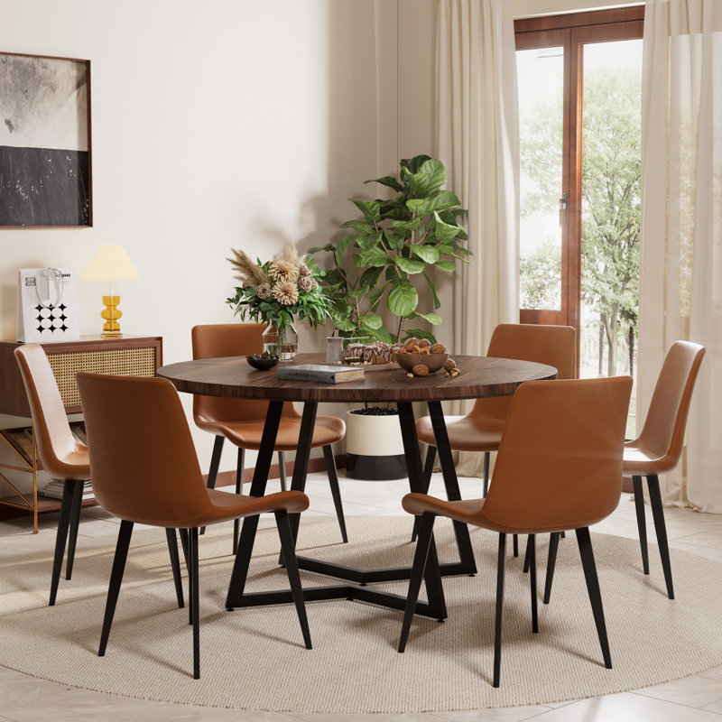 Mid Century Round Dining Table Sets, Brown, Walnut, 7