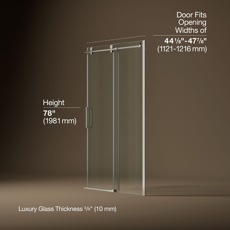 Composed Sliding Shower Door, 78 In. H X 44-1/8 - 47-7/8 In. W, With 3/8 In. Thick Crystal Clear Glass, Nickel