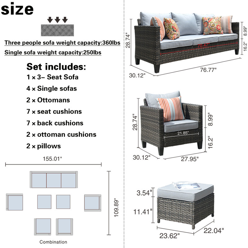 Kaniha Wood Premium All-Weather Wicker 7 - Person Patio Conversation Set with Cushions, Gray