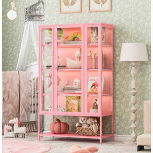 67.25'' Tall Iron Display Cabinet With Glass Door And LED Lights Steel Curio Cabinet For Collectibles Figures Trophies 3-Sided Glass Display Case For Home Office Study Room Stores Playroom - Cyan