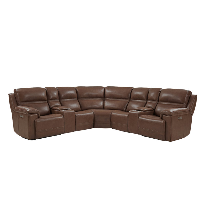 Canapé modulaire inclinable en cuir véritable 7 pièces avec gravité zéro et console, Marron clair