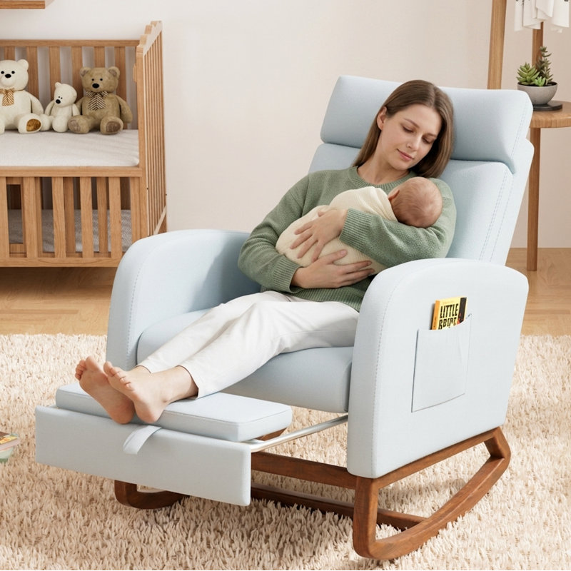 Chaise berçante en bois massif avec repose-pieds, chaise de chambre de bébé rembourrée avec dossier haut et poche latérale