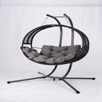 Double Hanging Egg Chair With Stand For Outdoor, Oversized 2 Person Wicker Rattan Swing Chair /Convertible Armrest For Reclining Seat, All-Weather Cushion And Heavy Duty Frame