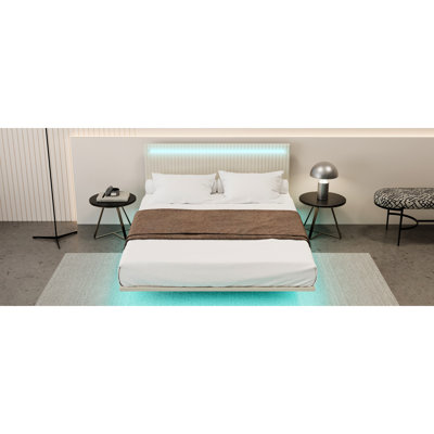 Pas de sommier nécessaire, grand lit, beige, ressort, tête de lit réglable, lumières à DEL, revêtement en velours, cadre de lit de tête de lit flottant,
