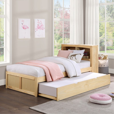 Modern Twin Size Platform Bed with Trundle Bookcase Headboard Natural Pine Finish Wooden Bedroom Furniture 1pc