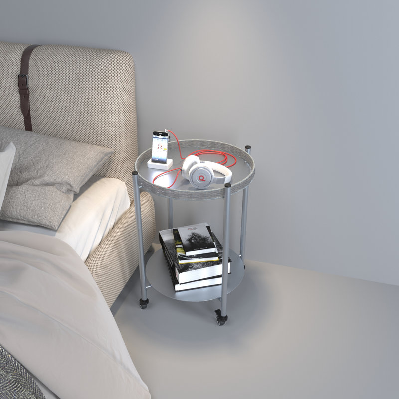 Round Silver Gray Metal Movable Table With Wheels, 2 - Tier Design For Bedroom And Living Room, Effortless Movement, Spacious Shelves Toiletries Perfect As Nightstand Or End Table, Mobility, Books