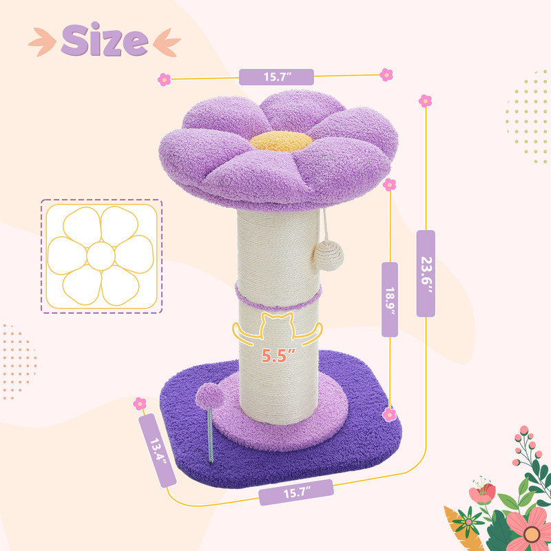 Arbre à chat fleur avec poteau à griffer super épais, petit arbre à chat mignon, lit pour chat, Mauve