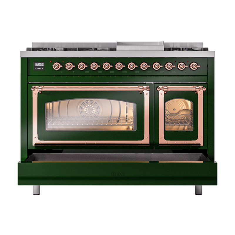 ILVE UN48FNMPEGG Nostalgie II Noblesse 48 inch Dual Fuel Range (8 Sealed Burners + Griddle, Triple Glass Door), Emerald Green
