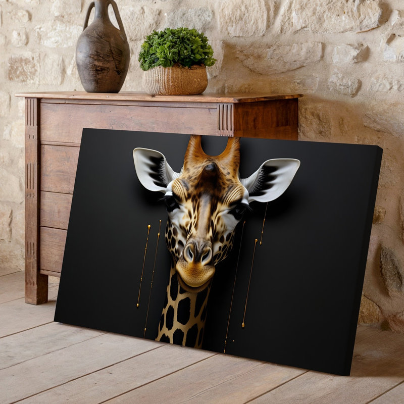 Toile, "Striking" hyperréaliste, représentation d'une tête de girafe, art mural sortant d'un fond noir mat lisse présentant une toile