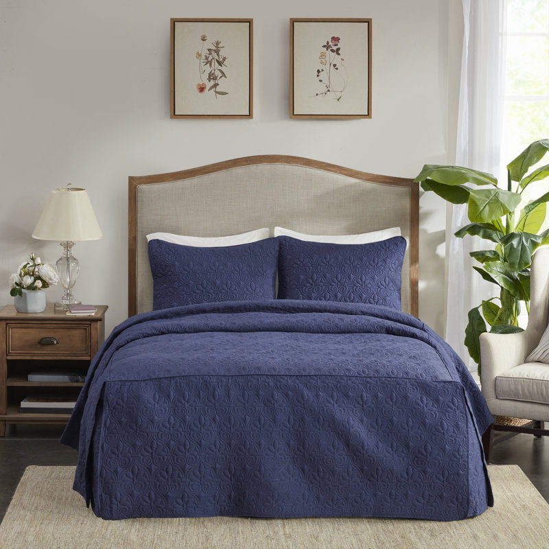 Navy Microfiber Queen Bedspread Set with Shams