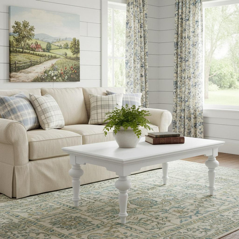  Table basse 47 po en bois massif blanc - transitionnel, 19.69" H x 47.24" W x 27.56" D, White / Clear, Marbre