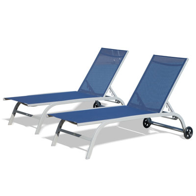 2 Chaise Lounge Outdoor - Blue Aluminum 5 Adjustable Positions For Patio, Poolside, Beach Construction Yard, Deck