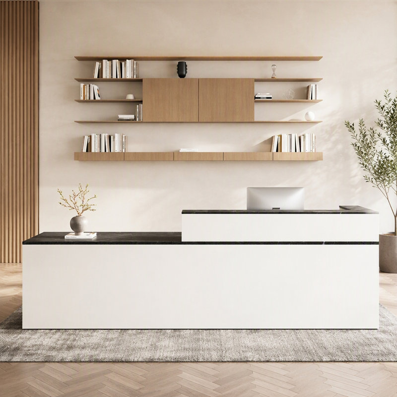 Bureau de réception en L 71 po avec comptoir - Réception moderne avec tiroir verrouillable, plateau à clavier et gestion des câbles pour le bureau, le salon, le hall d'entrée (blanc et noir, à gauche)