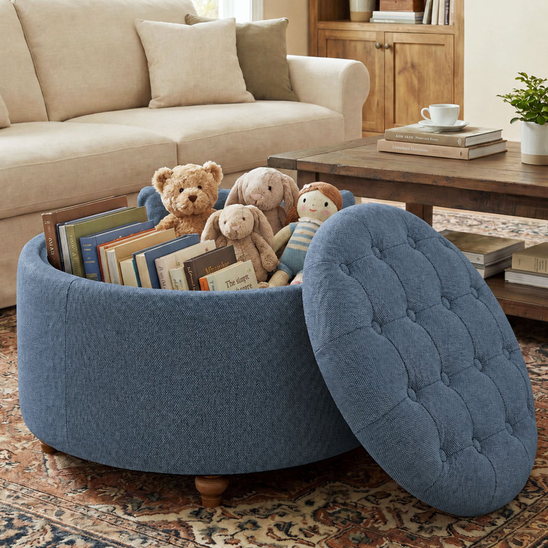 Pouf de rangement rond 2 en 1 capitonné avec pattes en bois massif, coussin capitonné et plateau en bois réversible, Bleu